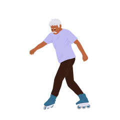 Old retired man cartoon character learning to ride roller skates isolated on white background