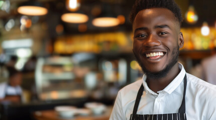 A smiling man in a white shirt and apron stands in front of a restaurant. He is wearing a black apron with a white stripe. black man, Brazilian, smiling, working as a waiter in a restaurant - Powered by Adobe