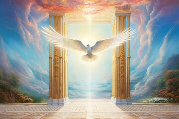 An ethereal illustration of the gates of heaven with a dove flying towards the light beyond The painting features gentle, radiant colors and fluid lines, creating a sense of divine welcoming and spiri
