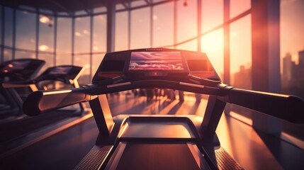 Treadmill handles with blurred gym background, focus on, fitness motivation, surreal, Silhouette, modern fitness backdrop