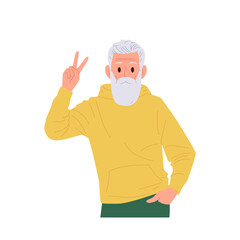 Casual stylish confident senior man isolated cartoon character gesturing victory or peace v-sign