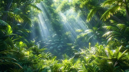 Tropical Forest Background, Bushes and undergrowth in a tropical forest, with sunlight filtering through the dense foliage, creating a serene and tranquil scene. Illustration image,
