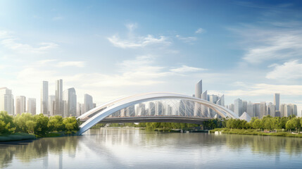 Naklejka premium Serene City Life: Modern Bridge Over Tranquil Waters