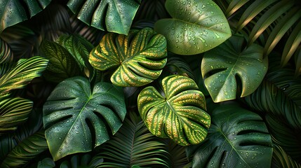 Obraz premium Tropical Forest Background, Close-up of tropical leaves with intricate patterns and textures, glistening with morning dew in the humid forest environment. Illustration image,