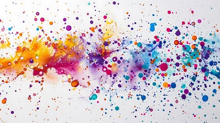 Multicolored droplets of paint splattering against a pristine white canvas, blending together to form a dynamic and abstract composition of vibrant hues.