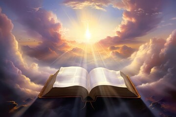 A mesmerizing painting of an open Bible with a glowing cross above it, surrounded by radiant light and ethereal clouds The artwork uses a vibrant color palette with luminous hues, creating a divine an