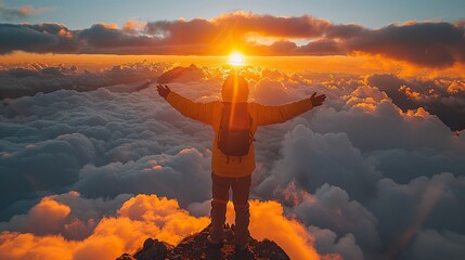 A solitary hiker perched atop a mountain summit, arms outstretched and face towards the horizon, revels in the serene beauty of sunset or sunrise.illustration stock image
