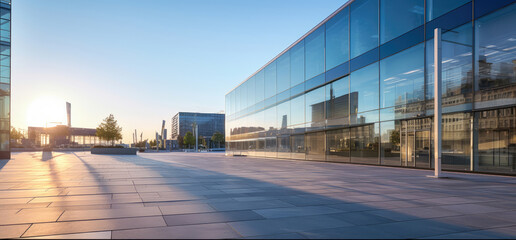 Obraz premium Modern Office Building at Sunset with Reflective Glass Facade