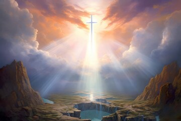 A heavenly scene with an open Bible and a glowing cross, bathed in divine light The painting uses a serene color palette and soft brushstrokes to create a peaceful and sacred atmosphere The setting in