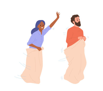 Happy man and woman cartoon characters jumping in burlap bags enjoying sack race challenge