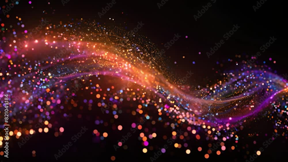 Poster An enchanting wave of vibrant, multicolored light particles effortlessly flows against a dark backdrop, creating a dynamic and captivating display.