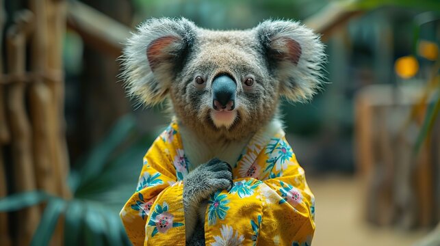 An anthropomorphic koala sporting a relaxed floral ensemble poses confidently with a distinctively human-like demeanor..stock photo