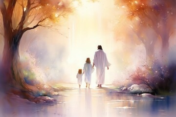 A mystical watercolor painting of Jesus and a child walking through a dreamlike, heavenly realm The scene is filled with soft, pastel colors and luminous light, creating a sense of wonder and divine p