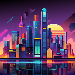 Luminous urban skyline with bright reflections for modern city life depictions.
