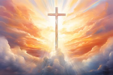 Fototapeta premium A painting depicting a cross illuminated by a sacred light, symbolizing divine presence and holiness The artwork features a soft, glowing color palette and smooth brushstrokes, creating a serene and u