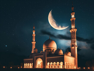 A high quality professional photo of a Glowing mosque under a starry night sky, night photography,...