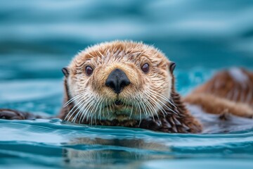 A close-up portrait of a sea otter in the sea, looking towards the camera. Horizontal. Space for copy.