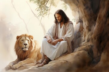 A serene watercolor illustration showing Daniel in the lions den, protected by his faith The artwork captures the moment of divine protection with soft, luminous colors and a peaceful composition The