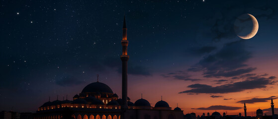 A high quality professional photo of a Glowing mosque under a starry night sky, night photography,...