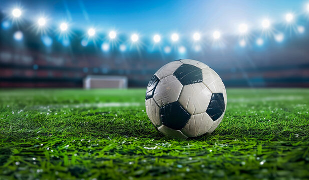 Bal&oacute;n de F&uacute;tbol en el Campo del Estadio con Reflector y Porter&iacute;a: Fondo Perfecto para Dise&ntilde;o