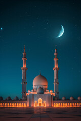 A high quality professional photo of a Glowing mosque under a starry night sky, night photography,...