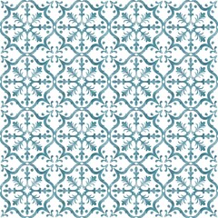 Fototapeta premium Blue and yellow Azulejos tiles. Traditional Portuguese Mosaic, Spanish Majolica tile decoration. Patchwork print for wallpaper design. Watercolor artwork, antique tileable ceramics.