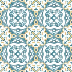 Blue and yellow Azulejos tiles. Traditional Portuguese Mosaic, Spanish Majolica tile decoration. Patchwork print for wallpaper design. Watercolor artwork, antique tileable ceramics.