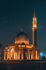 A high quality professional photo of a Glowing mosque under a starry night sky, night photography, long exposure, vibrant colors, breathtaking, majestic architecture, illuminated, spiritual Holy View