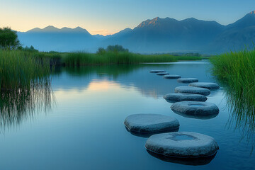A picturesque riverbank at twilight, with neatly stacked stones reflecting in the calm water, framed by tall grasses and distant mountains.