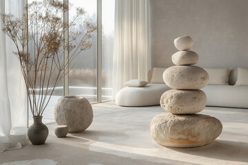 A minimalist indoor space with a focus on a single, elegant stone stack, highlighted by soft, natural light streaming through a nearby window.