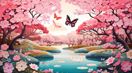Serene Cherry Blossom River Landscape