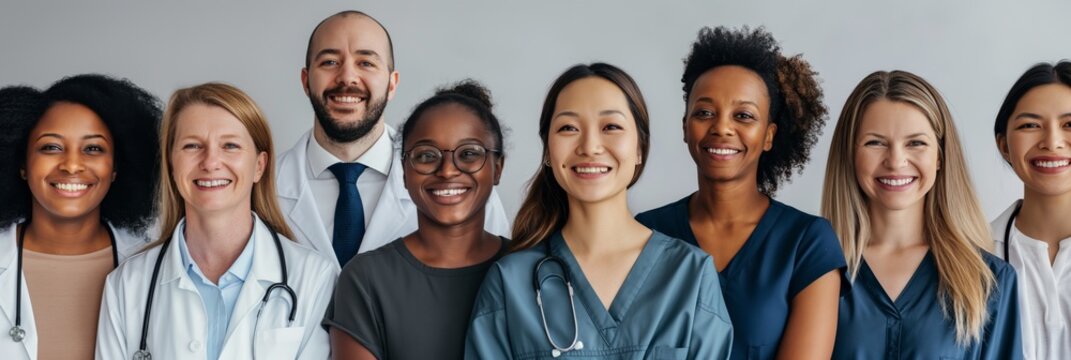 A diverse group of healthcare workers standing together, showcasing professionalism and unity