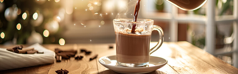 Cup of hot chocolate cinnamon sticks nuts and chocolate on wooden table on brown background
