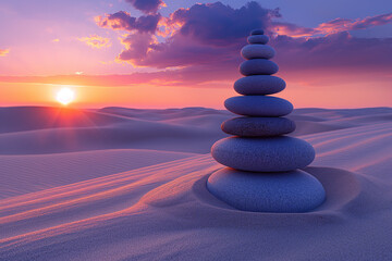 A peaceful desert landscape at dusk, with stone stacks illuminated by the soft, fading light, set against a backdrop of rolling sand dunes and a colorful sky.