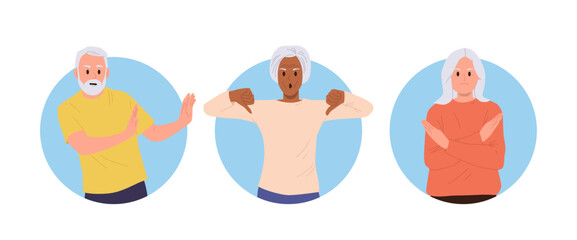 Unhappy frustrated senior people cartoon character gesturing stop, enough and deny hand sign