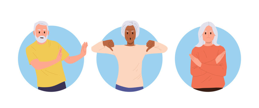 Unhappy frustrated senior people cartoon character gesturing stop, enough and deny hand sign