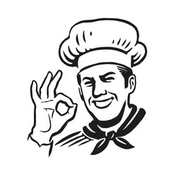 Happy man in chef hat smiling and showing tasty OK. Restaurant service emblem. Clipart sketch drawing black and white
