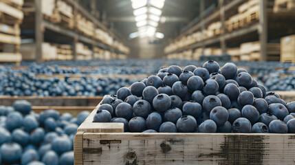 Obraz premium Blueberries harvested in wooden boxes in a warehouse. Natural organic fruit abundance. Healthy and natural food storing and shipping concept.