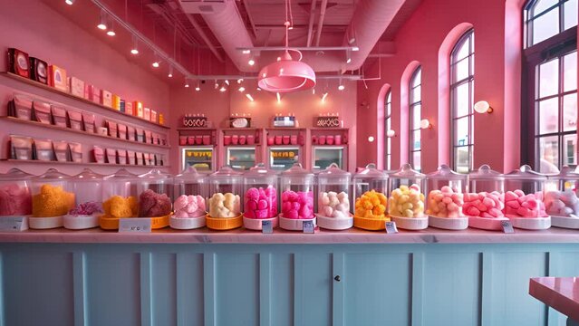 This colorful candy store filled with various types of sweet treats in shades of pink.