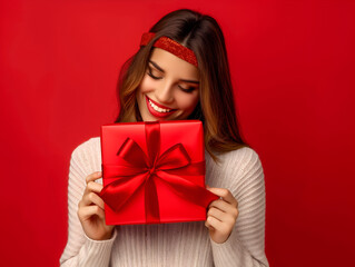 Fototapeta premium Woman with gift box, AI generation