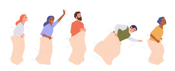 Happy adult people cartoon characters jumping in bag enjoying sack race celebrating sport game