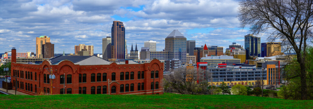 Saint Paul City Financial District Skyline, Downtown Buildings, and Dramatic Cloudscape Panorama in Minnesota, USA