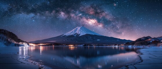Milky Way over Mount Fuji, astrophotography, frozen Lake Kawaguchi, winter night sky