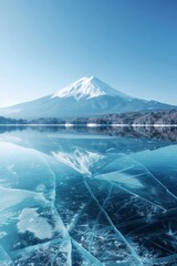 Reflecting Mount Fuji on crystal clear ice, Lake Kawaguchi becomes a perfect winter mirror