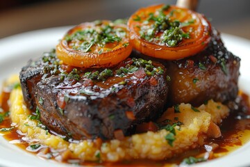 Osso Buco: A plate with braised veal shanks, rich in sauce, served over risotto or polenta, garnished with gremolata.