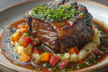 Osso Buco: A plate with braised veal shanks, rich in sauce, served over risotto or polenta, garnished with gremolata.