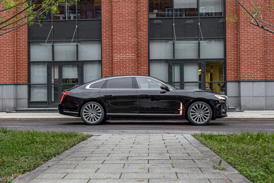 Moscow. Russia, May 2024:  premium luxury car. Black business sedan Hongqi H9   parked in city streets