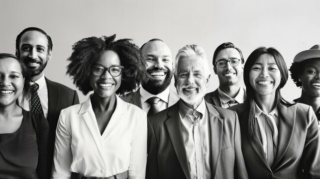 A close-up profile shot of a diverse group of smiling individuals standing in a line. The image captures a sense of unity, happiness, and inclusivity - Powered by Adobe