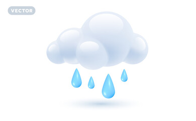Vector weather rainy day illustration of shine blue color rain drop with fluffy cloud on white background with shadow. 3d cartoon style design of rainy cloud with drop