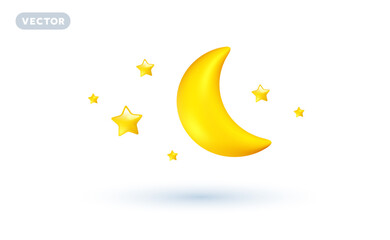 Vector weather night illustration of shine yellow color half moon with star on white background with shadow. 3d cartoon style design of crescent moon with star